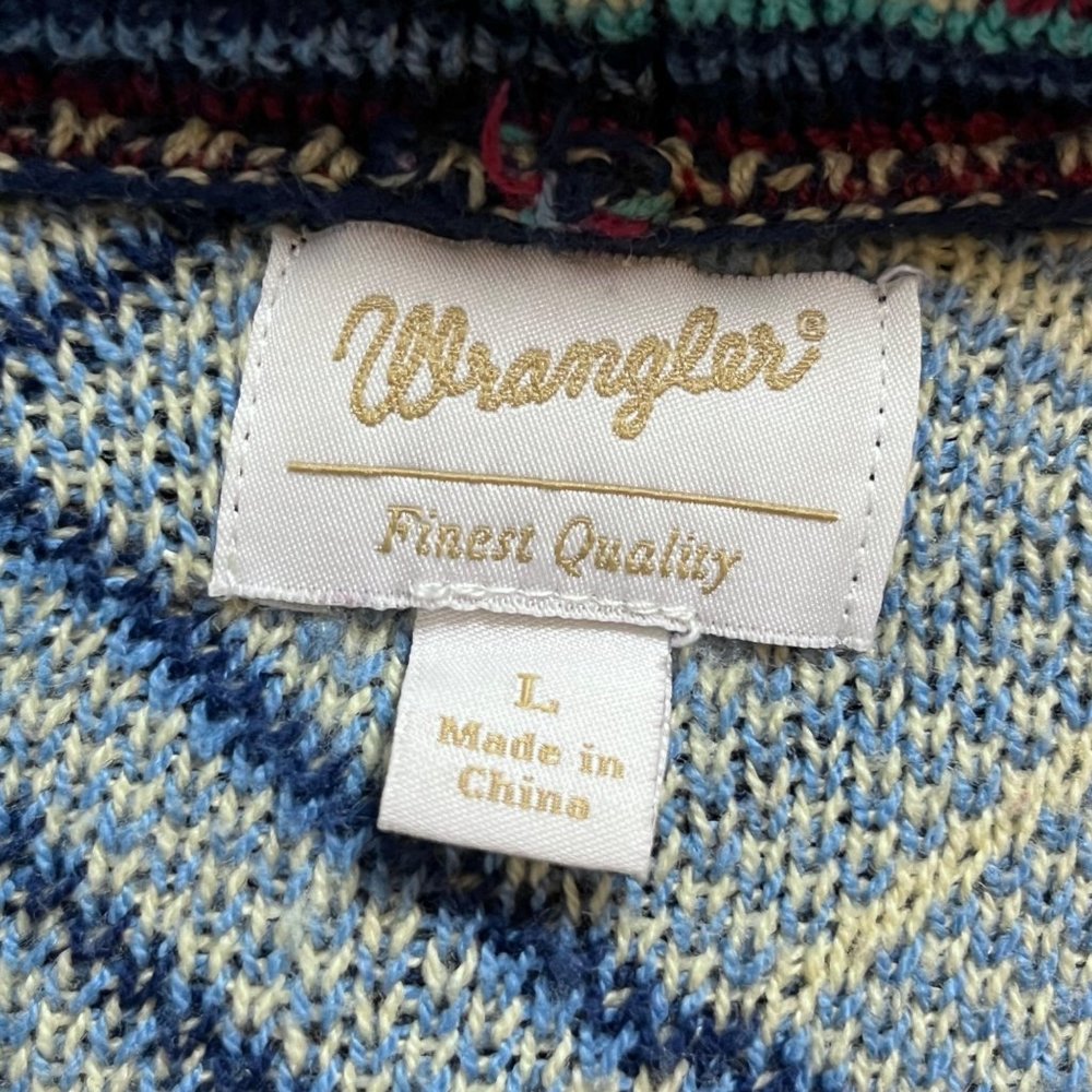 Wrangler Blanket Sweater Cardigan Southwest Geometric Plaid‎ Design Fringe Sz LG - Picture 4 of 8